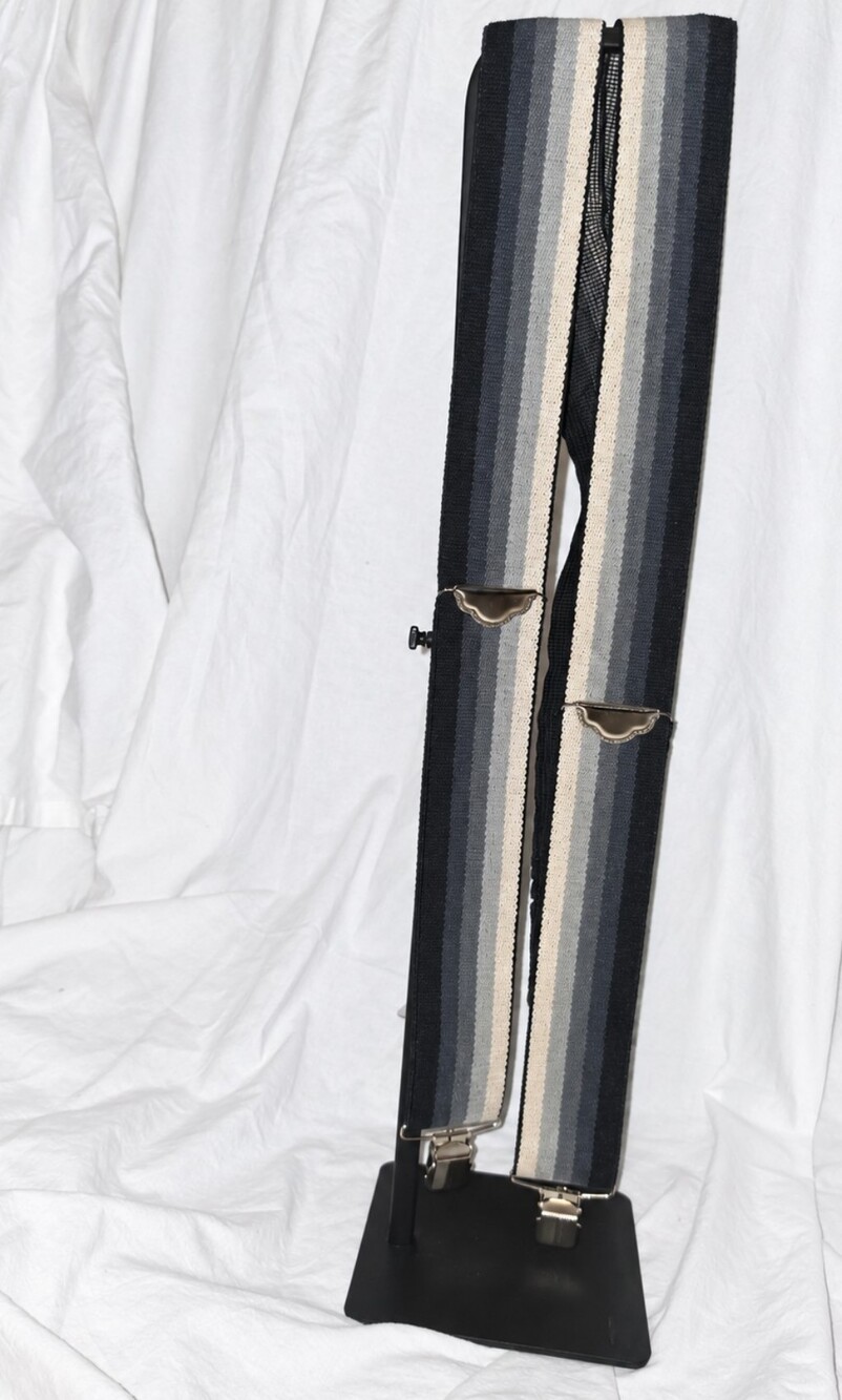 Welch Mfg Co Oregon, USA Striped Clip-On Suspenders Gray Cream Dark Blue Adjusta